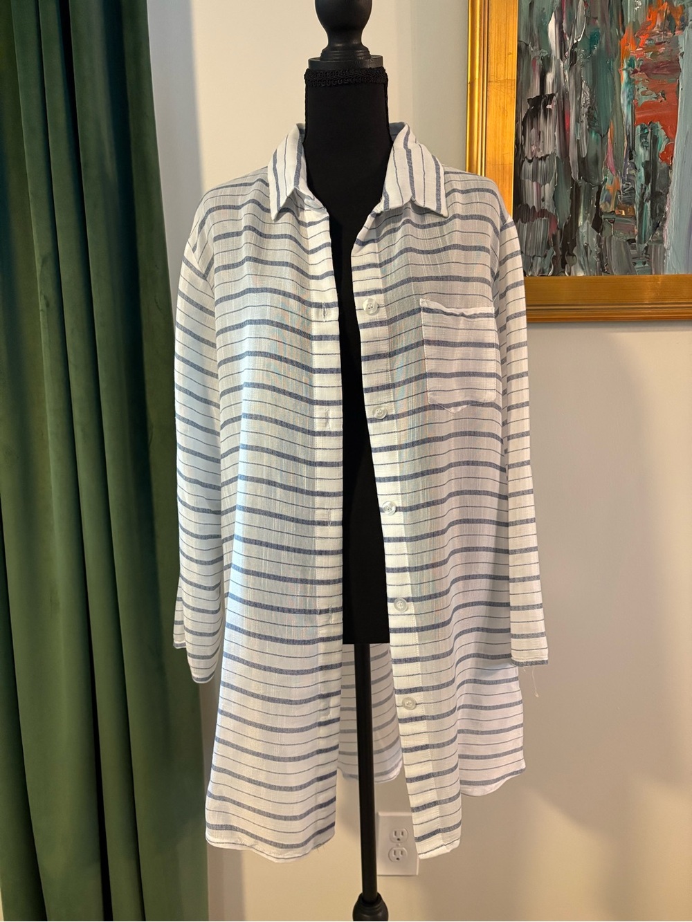 Striped Longline Button-Up Shirt - White & Navy